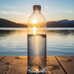 Transparent water bottle on a wooden table by a Scandinavian lake with mountains, golden hour light.