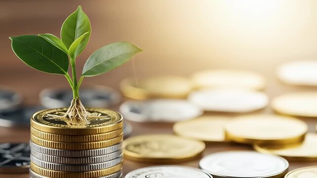 A small plant with green leaves grows from a stack of gold and silver coins