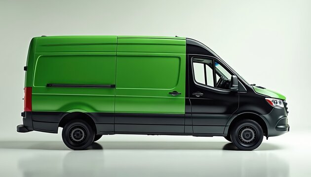 Side view of green, black van mockup in studio setting. Commercial vehicle design perfect for advertising, branding, marketing presentations. Features clean, modern look suitable for business,