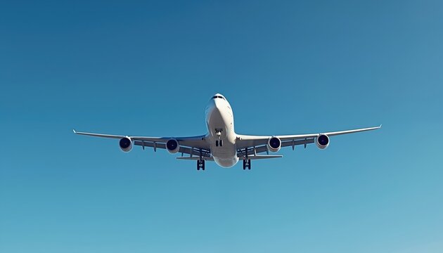 Four-engine transport airplane flies across clear blue sky. Global air cargo carrier advances. This image suits as a wallpaper or background for aviation and travel themes.