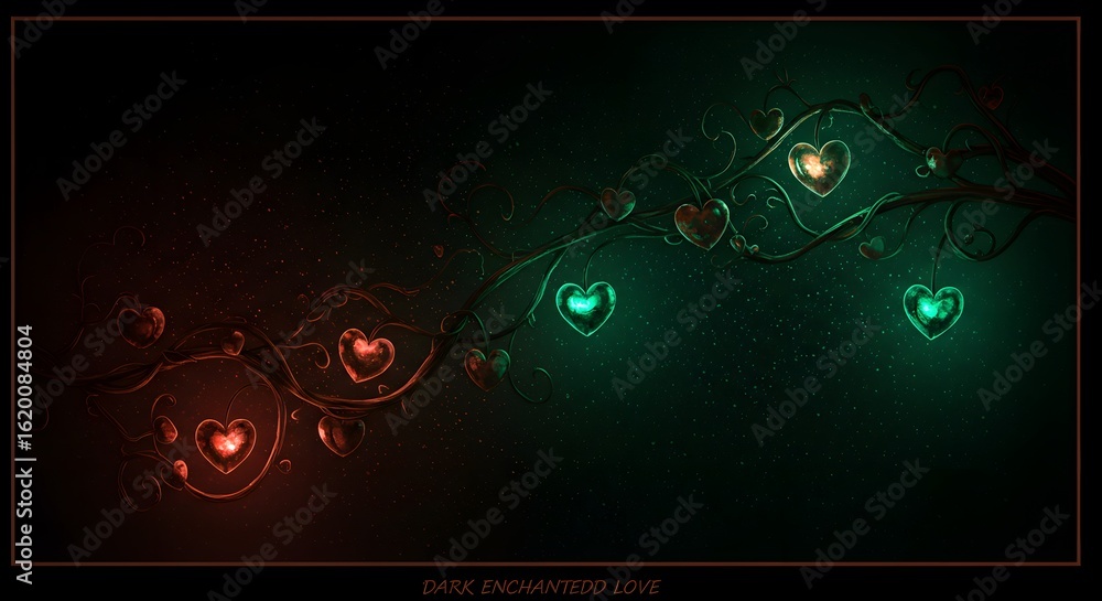 Poster glowing hearts on vines in dark background with red and green lighting creating a romantic atmospher
