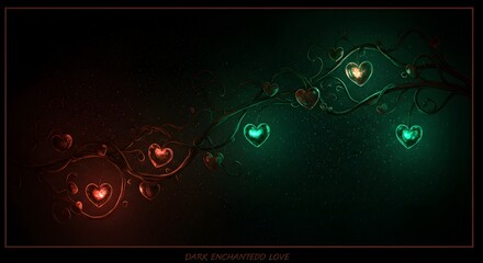 Glowing hearts on vines in dark background with red and green lighting creating a romantic atmosphere