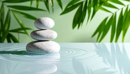Fototapete Toilette Serene Stack of Stones in Water with Palm Leaves Background  © Cintia