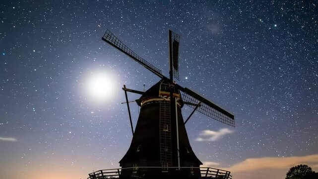 Night windmill under starry sky, moonlit landscape, rural scene, print