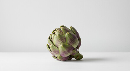 A single artichoke, photographed against a plain white backdrop, displays its layered leaves and natural form, showcasing fresh produce.