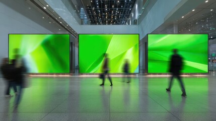 Fototapeta premium Blurry figures move through a sleek indoor hall, capturing the energy and pace of daily life in a modern urban setting.