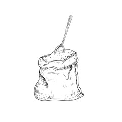 Vector fabric canvas bag full of grain with a wooden spoon inside. Graphic ink bag with flour, grain illustration isolated on background. Hand drawn line sketch. For designers, prints, logo, icon