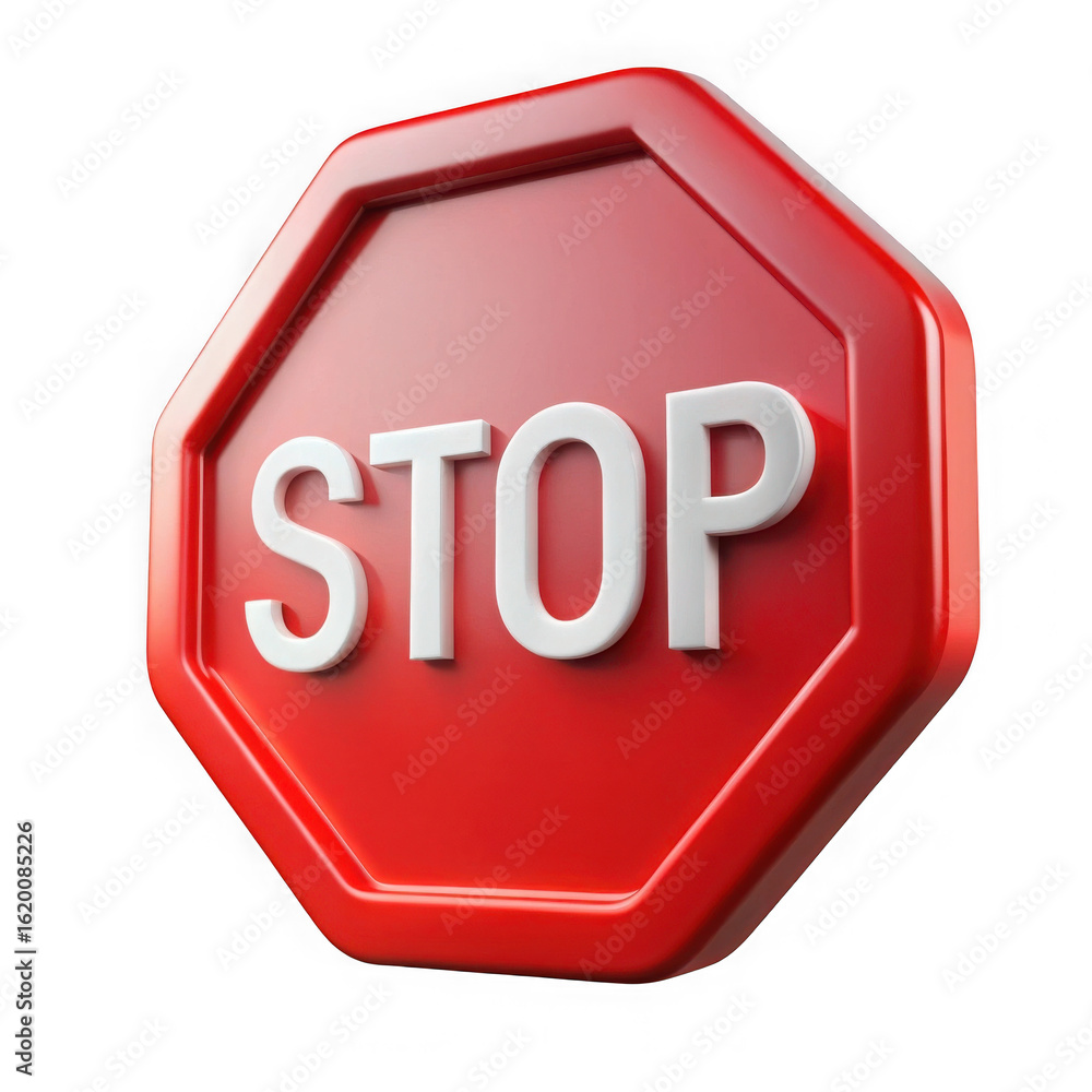 Poster red octagonal stop sign with white text isolated on transparent background