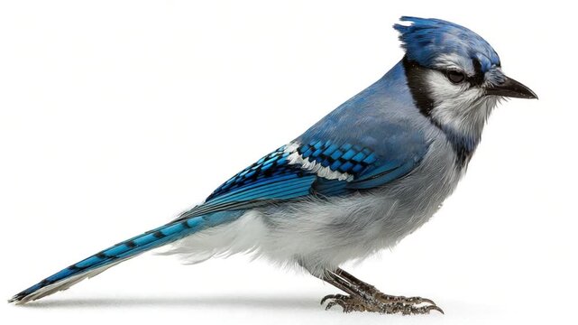 Blue jay profile against white background