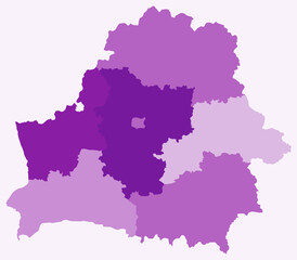 Map of Belarus with regions. Just a simple country border map with region division. Purple color palette. Plain Republic of Belarus shape with administrative division. Vector illustration.