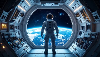 Astronaut looking at Earth from spacecraft.