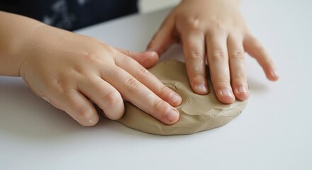 A child's hand playing with clay