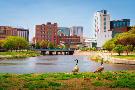 Rochester, Minnesota, USA cityscape on the Zumbro River