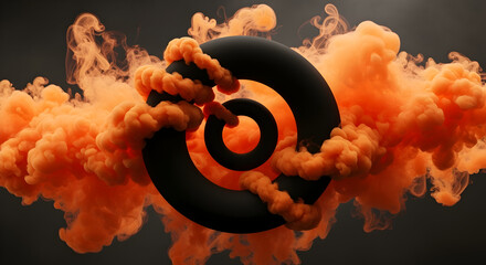 Vibrant Orange Smoke Swirling Around Dark Abstract Concentric Ring on Black Background, Dynamic Digital Art Element