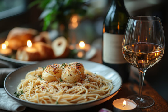 Plate of pasta with scato and a glass of wine.