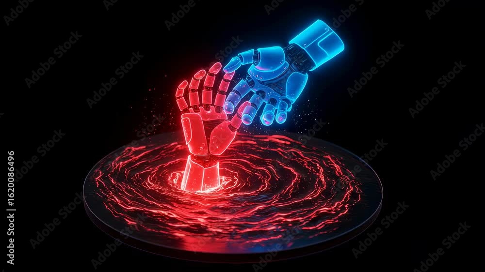 Poster holographic robot hands interact with energy. artificial intelligence and human machine interface pa