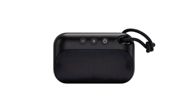 Portable black bluetooth speaker on white background

