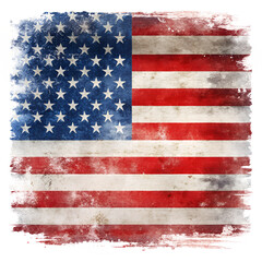Naklejka premium Distressed american flag with grunge texture, featuring red, white, and blue stripes and stars, symbolizing patriotism and independence, isolated on transparent background