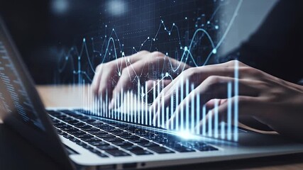 Hands typing on a laptop with a glowing data visualization - Powered by Adobe