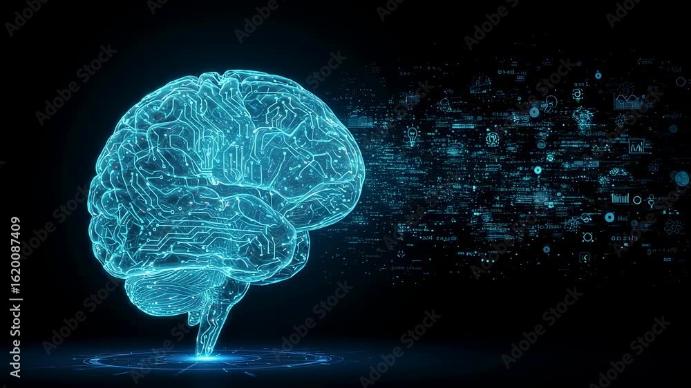 Poster digital human brain 3d animation with circuit board pattern and business icons, artificial intellige