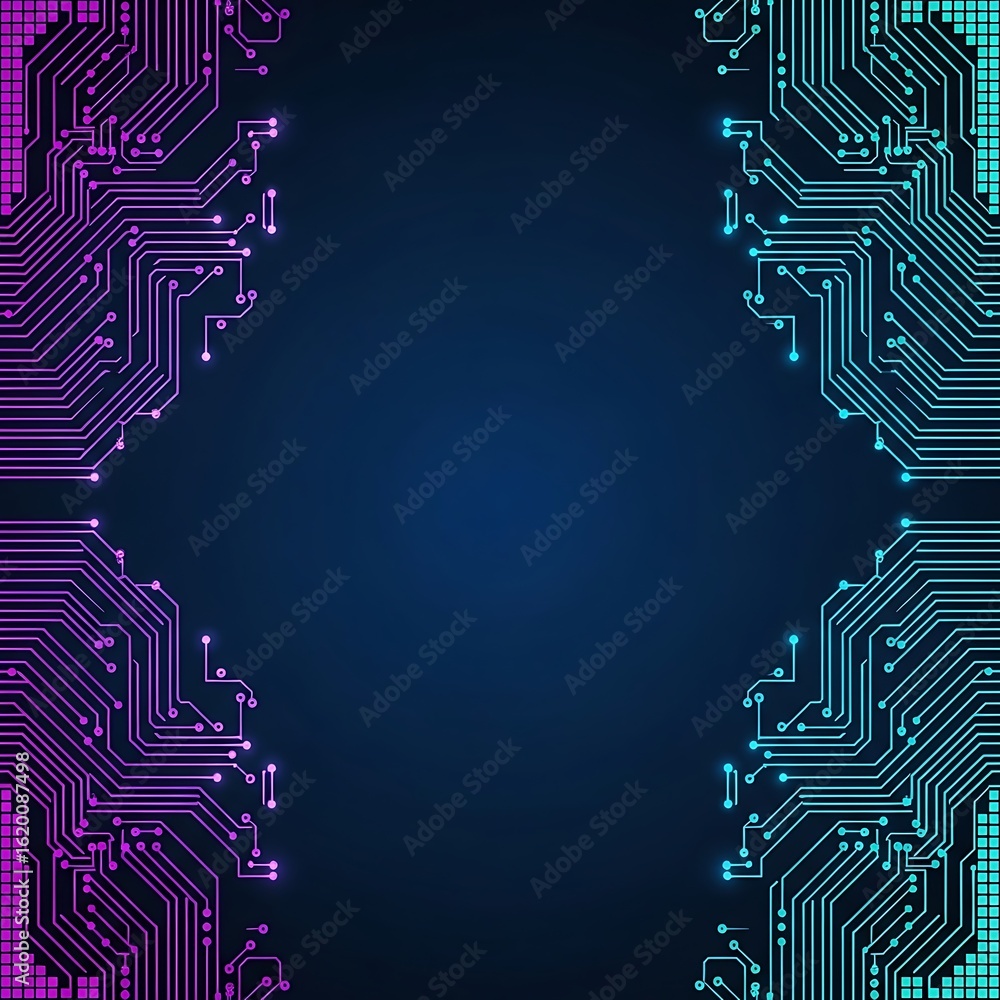 Poster abstract circuit board design with neon effect on dark background