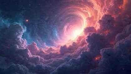 Vibrant cosmic nebula swirls with pink and blue clouds against a starry night sky. Deep space background shows galaxies and swirling astronomical phenomena, creating a dreamy, surreal universe.