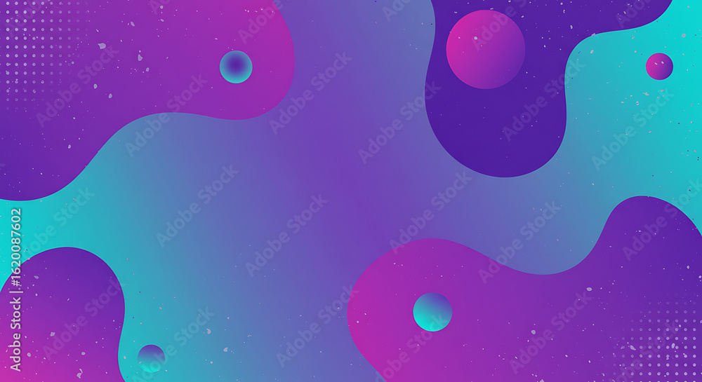 Poster abstract gradient background with bubbles and halftone pattern in shades of purple and teal