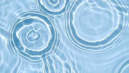 Top view of clear blue water with multiple concentric ripples and sunlight reflections. Abstract natural texture background.