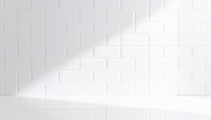 Clean white brick tile wall background with sunlight and shadow. Modern minimalist bathroom or kitchen backdrop for product presentation.