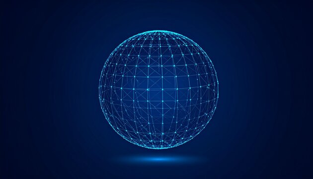 Abstract blue sphere with a glowing plexus network structure. A concept for global technology, communication, and data.
