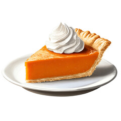 Bright pumpkin pie slice with whipped cream on white plate for autumn season