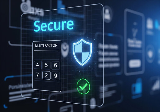 Digital Security Interface Displaying "Secure" Text, Shield Icon, Checkmark, and Multifactor Authentication Keypad, Representing Robust Data Protection and Cybersecurity.