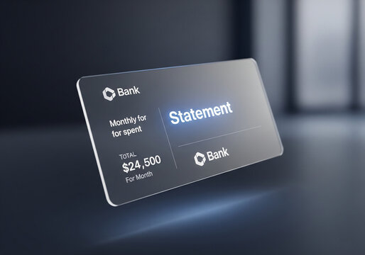 Digital Bank Statement Interface Showing Monthly Spending Total on a Transparent Card, Representing Financial Overview and Account Management.