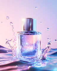 Glass perfume reflects water splash, silver, and pink tones. Studio light for product staging, mockup, cosmetic ads.