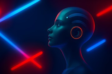 Futuristic Humanoid with Concentric Cybernetic Head and Neon Beams – AI and Digital Consciousness Concept