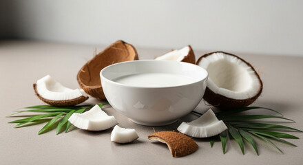Fresh coconut milk in a white bowl surrounded by coconut pieces and green leaves, offering a tropical and healthy food concept.