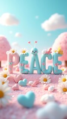  Kawaii 3D letters spelling “PEACE” with daisies, butterflies, hearts, and plush-style design, in a dreamy candyland environment.