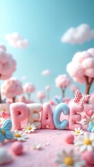  Kawaii 3D letters spelling “PEACE” with daisies, butterflies, hearts, and plush-style design, in a dreamy candyland environment.