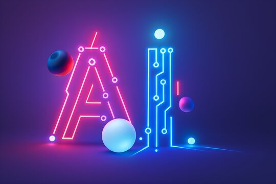 Neon AI Typography with Floating Spheres and Circuit Design – Futuristic Tech Illustration