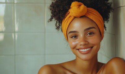 Happy mixed-race Black female relaxing in her bathroom, positivity, self-love, and confidence in a serene environment, Generative AI