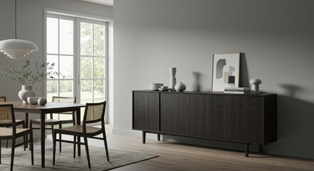 A modern dining room features a dark wood sideboard, a table with chairs, and a large window providing natural light.