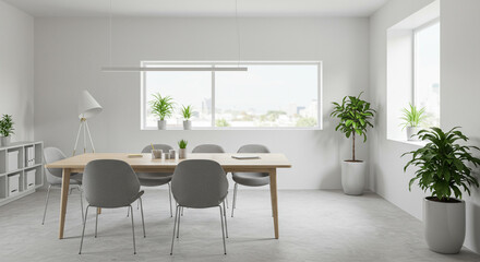 A bright, minimalist interior features a long wooden table with chairs, complemented by natural light and potted plants for a modern aesthetic.