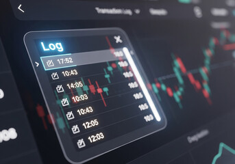 Digital Financial Transaction Log Displayed Over Stock Market Candlestick Chart, Representing Trading Activity and Data History, Modern Fintech