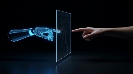 Human hand and wireframe robot hand touching a translucent digital screen. Interface with artificial intelligence. Data visualization footage. - Powered by Adobe