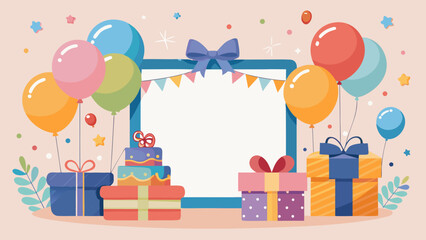 Vector art of festive birthday celebration with colorful balloons, gift boxes, and a cake, featuring a blank frame for text or photos, perfect for invitations and greeting cards