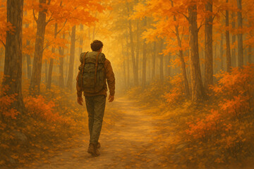 A lone male hiker with a backpack walks along a forest trail surrounded by tall trees in vibrant autumn colors. The warm hues of orange and gold create a tranquil and contemplative atmosphere