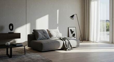 A modern living space bathed in natural light features a comfortable sofa, minimalist decor, and a serene atmosphere, perfect for relaxation.