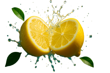 Freshly sliced lemon and lime citrus fruit splashing into cool water