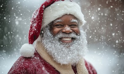 Happy Black African American Santa Claus smiling outside in the snow, capturing the spirit of Christmas in a joyful winter setting, Generative AI