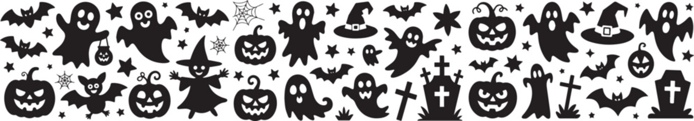 Collection of Halloween Silhouette Icon Set Ghosts Pumpkins Bats Witch Tombstones Art
